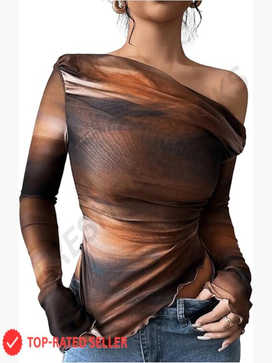 Tops - Off Shoulder Mesh Top Long Sleeve Asymmetrical Hem Ruched Fitted Tee Tie Dye